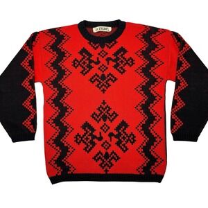 Vintage Le Tigre Sweater M Red Black Graphic Knit Reverse Pattern USA 80s